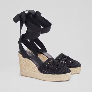 New LK Bennett Magnolia Black Lace Espadrille Wedge Sz 38